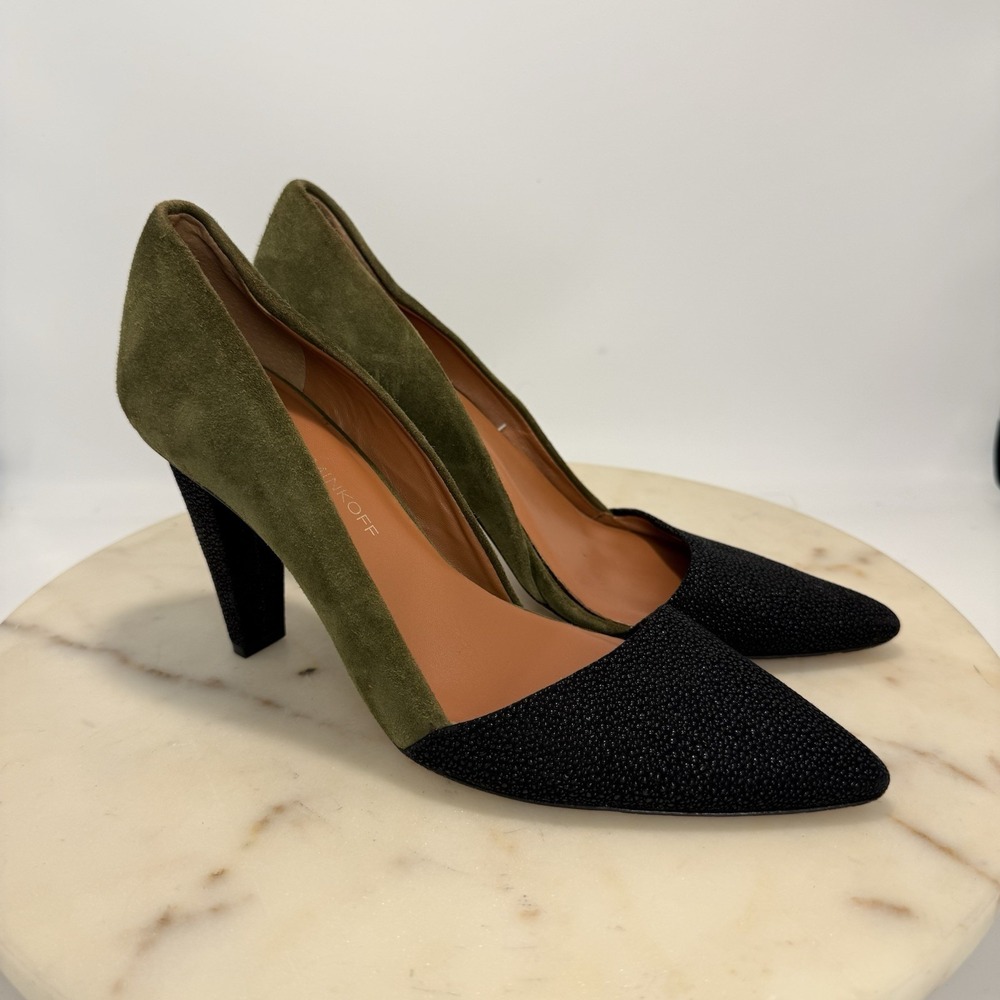 Rebecca Minkoff Leather D'Orsay Heels Olive Green Black Textured Career 7.5M
